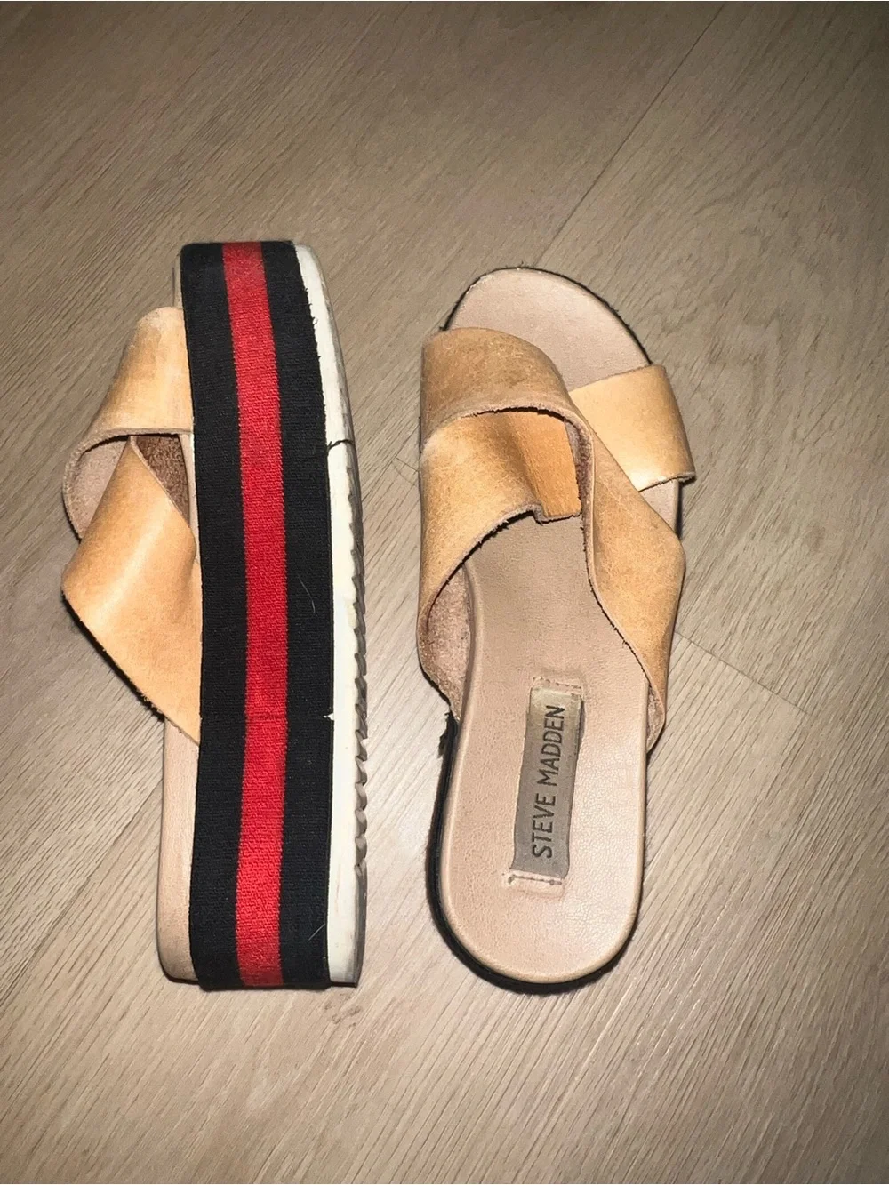 Steve Madden Tan Suede Crisscross Slide Platforms